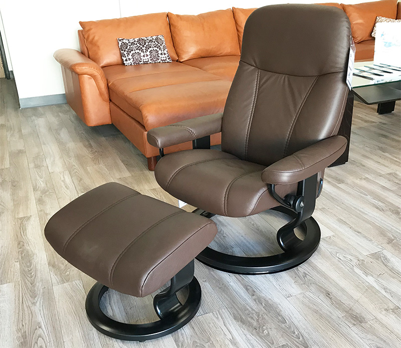 Stressless Consul Recliner Chair and Ottoman Batick Brown Leather by Ekornes