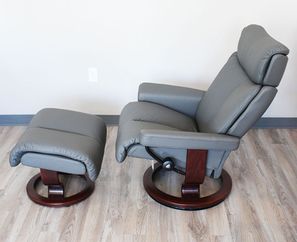 Stressless Magic Paloma Metal Grey Color Leather Recliner Chair and Ottoman