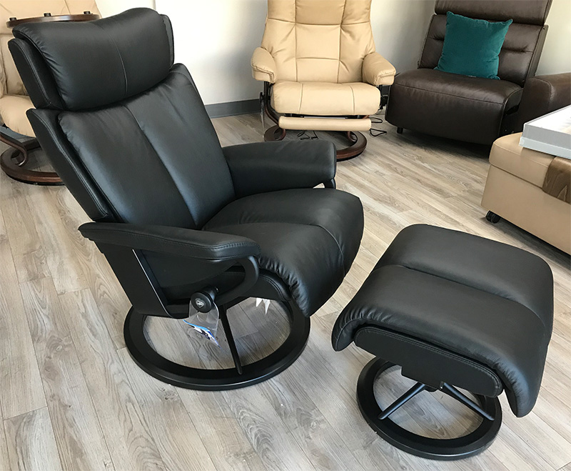 Stressless Magic Signature Matte Black Base Paloma Black Leather Recliner and Ottoman