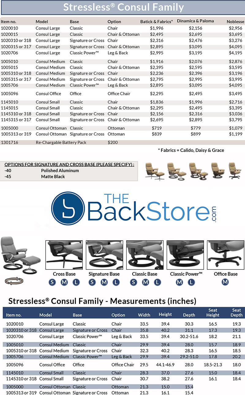 Stressless Consul Recliner chair and Ottoman Measurements by Ekornes
